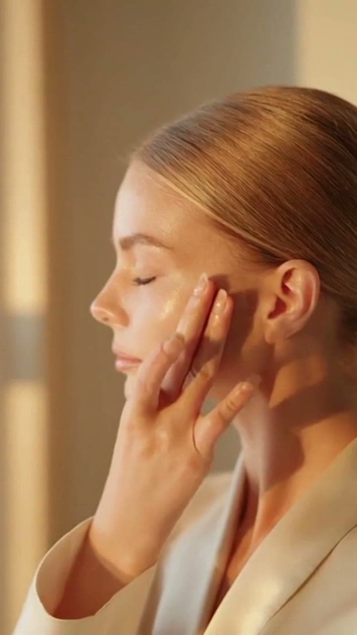 Smoothing Dewdrop Barrier Cream into glowing skin in golden-hour light